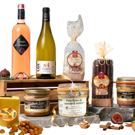 Découvrez notre merveilleux panier gourmand avec les bonnes spécialités Françaises : Foie gras, vins (Uby, Grain d'amour), sucré, salé... U parfait Cadeau d'affaires. Fait partie de notre gamme de paniers gourmands